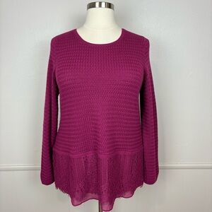 Lucky Brand Purple‎ Pink Knit Sweater Tunic Size XL Basket Weave Lace Trim Boho
